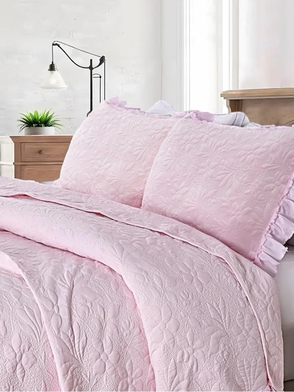 Light Pink Quilted Floral Coverlet Set - Soft Everyday Bedding